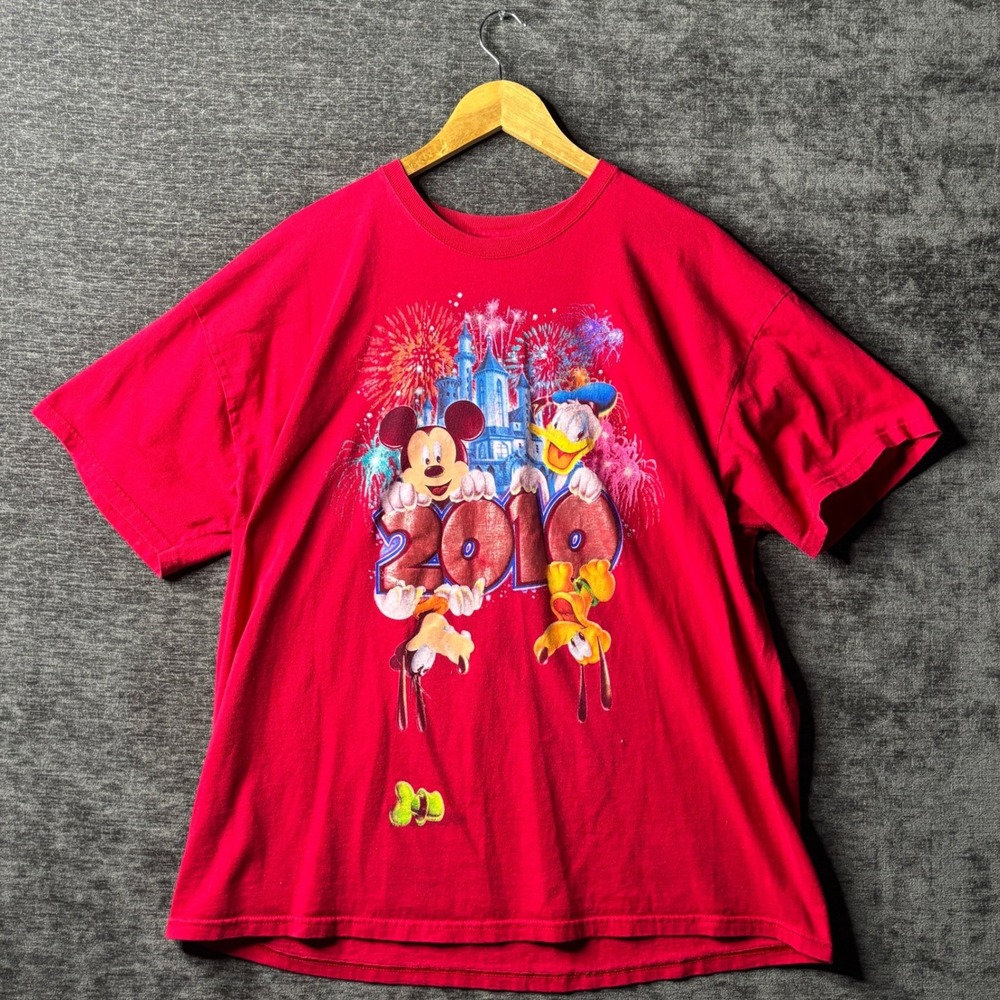 Disney Parks 2010 Mickey Mouse Donald Duck Pluto Red Graphic T-Shirt 2XL